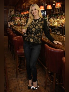 Wayf Black and Gold Patterned Long Sleeve Top